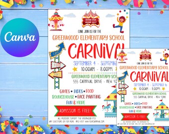 EDITABLE Carnival Flyer, Printable PTA PTO Flyer, School Church Benefit Fundraiser Event Poster, Digital Circus Party Printable Invitation