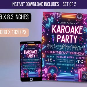 Könnte beinhalten: Ein Karaoke-Party-Einladungsdesign mit Neonlichtern und Noten. Das Design enthält den Text "Karaoke Party" und Veranstaltungsdetails. Die Einladung ist 14,7 x 21,1 cm und 1080 x 1920 px.