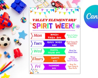 School Spirit Week Flyer Template, School Spirit Week Schedule, PTA, PTO, School Event Flyer Template, Easy to use template, edit yourself