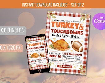 Könnte beinhalten: Eine Thanksgiving-Einladung mit einem rot-weiß karierten Hintergrund. Die Einladung zeigt eine Aquarell-Illustration eines Truthahns und eines Fußballs mit dem Text "Turkey & Touchdowns" und "Hosted by the Michaels". Die Einladung enthält auch das Datum und die Uhrzeit der Veranstaltung, die Adresse und eine Bitte, ein Gericht zum Teilen mitzubringen.