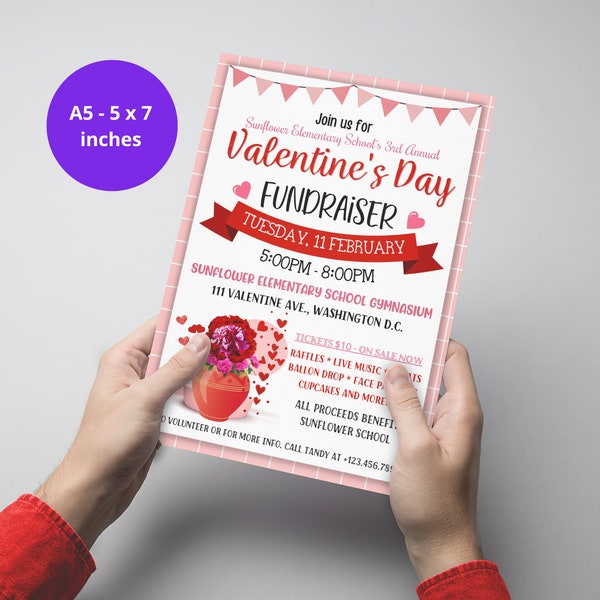 Editable Valentine's Fundraiser Flyer, February 14th Event Poster, PTA PTO School Church Marketing Flyer Canva