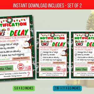 Etiqueta de notificação de atraso EDITÁVEL, Carta de presente de Natal do Papai Noel, Pacote de Natal atrasado Presente de Natal Download instantâneo