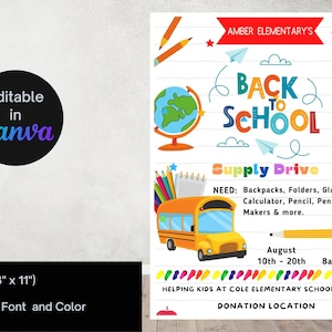 School Supply Drive Flyer Back to School Supply Drive PTO PTA School Fundraiser Back to School Invite Template Printable Download Editable