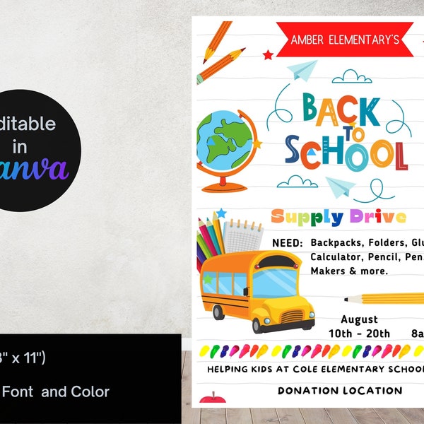 School Supply Drive Flyer Back to School Supply Drive PTO PTA School Fundraiser Back to School Invite Template Printable Download Editable