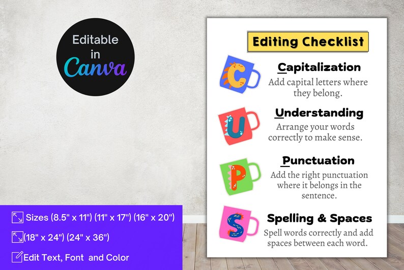 CUPS Editing Writing Strategy Checklist Poster English Etsy