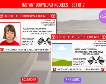 EDITBALE Decorazioni per feste di compleanno per patenti di guida per auto da corsa, modello di badge identificativo per patente per bambini, download immediato della carta d'identità
