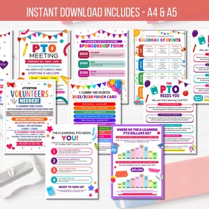 Op de afbeelding: Kleurrijke printbare flyers voor de PTO (Parent Teacher Organization) van een school met informatie over vergaderingen, vrijwilligersmogelijkheden, sponsorformulieren, een evenementenkalender en waar PTO-fondsen worden gebruikt. De flyers hebben een schoolplein-thema met kleurrijke ballonnen, boeken en sterren.