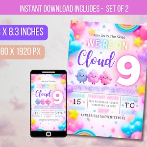 May include: A digital invitation set for a birthday party, featuring a phone and a print-ready design. The invitation is 5.8 x 8.3 inches. The design includes the text "We're on Cloud 9" with cartoon characters and colorful graphics.