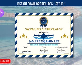 May include: A blue and white swimming achievement certificate with gold stars and a swimmer silhouette. The certificate is for James Benjamin Lee for having the best technique this year. The date is June 28, 20XX. The team is Sacred Smart Swim Team. The coaches are Coach Smith and Coach Johnson.