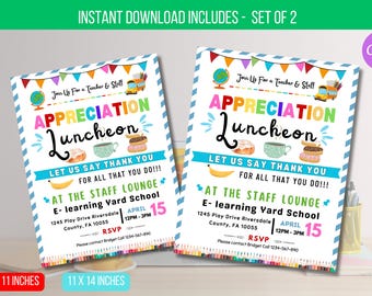 May include: Two printable 8.5 x 11 inch and 11 x 14 inch teacher appreciation luncheon invitations. The invitations feature a colorful design with a school bus, crayons, and a globe. The text on the invitations reads "Join Us For a Teacher & Staff Appreciation Luncheon" and includes the date, time, and location of the event.