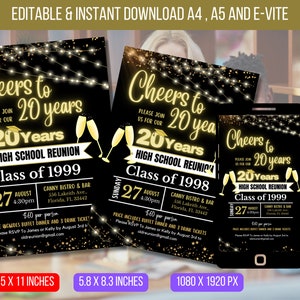 EDITIERBARE High School Wiedersehen, Klassentreffen Einladung, College Wiedersehen Party Licht Glitzer Einladen Schule Vorlage Sofort-Download
