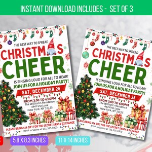 May include: Set of three Christmas party invitations with festive decorations. The invitations feature the text "Christmas Cheer" and event details. Available in 21.6 x 27.9 cm, 14.7 x 21.1 cm, and 27.9 x 35.6 cm.
