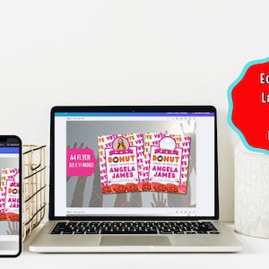 May include: A4 flyer template for a donut-themed party. The flyer features a pink and orange donut with the text "Vote for Angela James" and a photo of a person. The flyer is 8.5 x 11 inches.