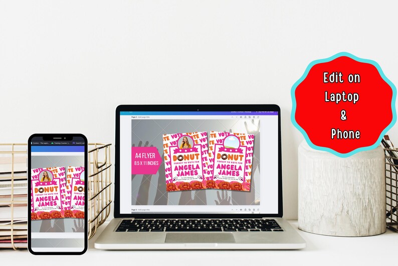 May include: A4 flyer template for a donut-themed party. The flyer features a pink and orange donut with the text "Vote for Angela James" and a photo of a person. The flyer is 8.5 x 11 inches.