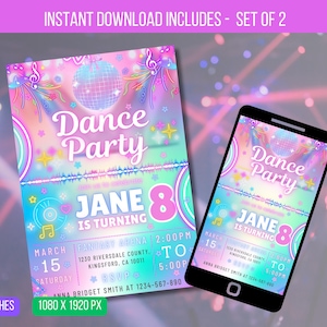 EDITABLE Dance Party Invitation, Neon Dance Party Invitation, Glow Tie Dye Dance Party Neon Glow Disco Dance Party Instant Download
