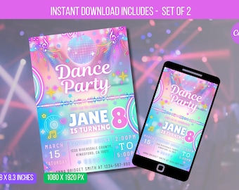 EDITABLE Dance Party Invitation, Neon Dance Party Invitation, Glow Tie Dye Dance Party Neon Glow Disco Dance Party Instant Download