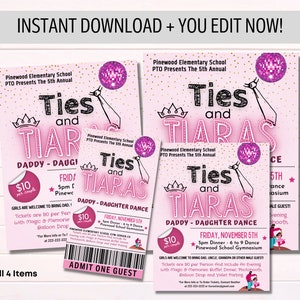 Può includere: Un invito stampabile rosa e oro per un ballo "Cravatte e Tiara" padre-figlia. L'invito presenta una corona, una cravatta e una palla da discoteca. Il testo sull'invito recita "Pinewood Elementary School PTO Presents The 5th Annual Ties and Tiaras Daddy-Daughter Dance. Friday, November 5th. 5pm Dinner - 6 to 9 Dance. Pinewood School Gymnasium. 10 € a coppia. Le ragazze sono benvenute a portare il padre, lo zio, il nonno o un altro ospite maschile!"