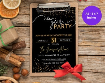 May include: Black and gold New Year's Eve party invitation with gold glitter and stars. The invitation says "New Year Party" and includes the date, time, and location of the party. The invitation is printed on A5 paper, which is 5 x 7 inches.