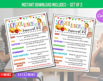 May include: Two printable 8.5 x 11 inch and 5.8 x 8.3 inch signs with a colorful cartoon lunchbox theme. The signs say "School Lunch Heroes Survival Kit" and list items like gum, pen, notepad, peppermint, starburst, hand sanitizer, lifesavers, chocolate burst, and thanks for all that you do, we appreciate you!"
