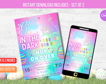 EDITABLE Glow in the Dark Easter Egg Hunt Invitation, Neon Glow Easter Kids Egg Hunt Party , Neon Easter Egg Hunt Party Instant Download