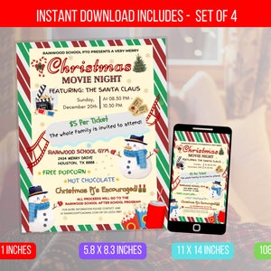EDITABLE Christmas Movie Night Flyer, School Church Fundraiser Invite, PTA PTO Community Fundraiser Event Flyer Template Instant Download