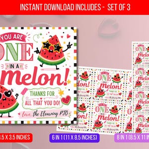 Può includere: Set di 3 design stampabili a tema anguria con il testo "You are one in a melon!" e "Thanks for all that you do!" in rosso, verde e nero. Include formati di 8,9 x 8,9 cm, 6 in 1 (27,9 x 21,6 cm) e 8 in 1 (21,6 x 27,9 cm).