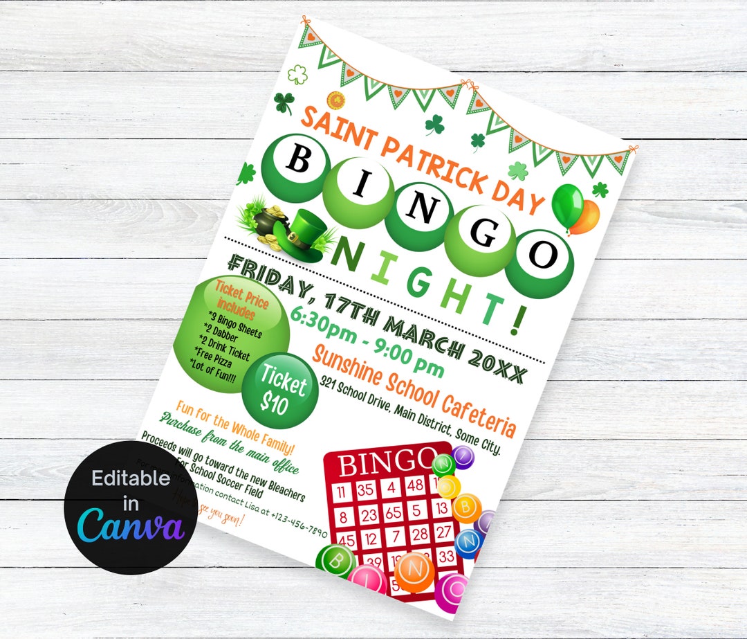 EDITABLE St. Patrick's Day Bingo Night Flyer, PTO School Family