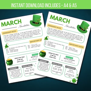 EDITABLE March Newsletter Template, Classroom Printable Handout Flyer, PTO PTA Newsletter Flyer, School Events Handout Instant Download