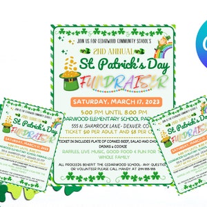 May include: Green, white, and gold St. Patrick's Day fundraiser flyer with shamrock designs and a leprechaun illustration. The flyer advertises a community school event with the date, time, and location. The text reads "Join us for Cedarwood Community School's 2nd Annual St. Patrick's Day Fundraiser, Saturday, March 17, 2023, 5:00 PM until 8:00 PM, Cedarwood Elementary School Parking Lot, 555 N. Shamrock Lane - Denver, CO. Ticket $10 per adult and $8 per child. Ticket includes plate of corned beef, salad and choice of drinks & cookie. Raffles, live music, good food & fun for the whole family. All proceeds benefit the Cedarwood School. Any questions or volunteer please call Mandy at 244-555-555."