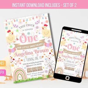 EDITABLE Invitation to a Chicken Birthday Party This Chick&#39;s First Birthday Celebration at Spring Farm Barnyard Chicken Instant Download