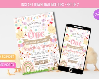 May include: Printable invitation for a first birthday party with a chick theme. The invitation features a pink and white color scheme with illustrations of chicks, flowers, and a rainbow. The text on the invitation reads "This chick is turning one" and "Our little sweetheart Angelina Brown is turning one".