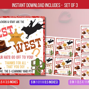 May include: Set of three printable designs with a Western theme. The main design features a cowboy hat, sheriff's badge, and the text "Best in the West." Includes sizes 3.5 x 3.5 inches, 6 in 1 (11 x 8.5 inches), and 8 in 1 (8.5 x 11 inches).