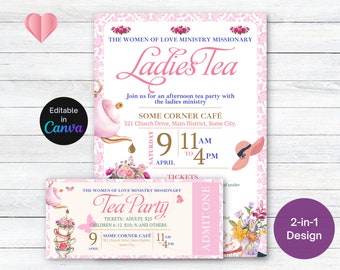 Ladies Tea Event Flyer Printable,  Pink and Gold Par-tea Invite Template, Brunch Women's Ministry High Tea Coffee Hat Teacup Mother's Day