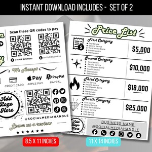 May include: Two digital documents for printing, one with QR codes for payment and the other a price list. The price list has four categories with prices from £4,000 to £20,000. The documents measure 21.6 x 27.9 cm and 27.9 x 35.6 cm.