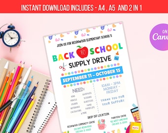 May include: A colorful printable flyer for a back to school supply drive. The flyer features a red apple with a green leaf, a school bus, a pair of scissors, and a glue bottle. The flyer includes the text "Back to School Supply Drive", "September 11 - October 15", "Need:", and a list of school supplies. The flyer also includes the text "Drop Off Location" and two locations.