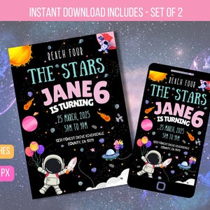 Convite editável Reach Four the Stars, aniversário de astronauta de planetas do espaço sideral, convite para festa espacial para impressão, download instantâneo de e-vite