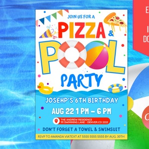 Uitnodiging voor pizza- en zwembadfeest, einde van schoolfeest, afdrukbare uitnodiging terug naar school, zomer kinderen jongens zwembad verjaardag, BEWERKBARE SJABLOON