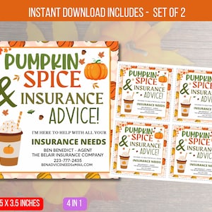 BEWERKBARE Pumpkin Spice & verzekeringsadvieskaart, herfstverzekering marketingtags, herfst auto-ins, reisbureau, afdrukbare kaart direct downloaden