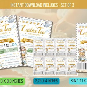Puede incluir: Un conjunto de tres invitaciones imprimibles para un evento de té para damas. Las invitaciones presentan una ilustración de acuarela de una pila de tazas de té con una tetera, flores y estrellas. El texto en las invitaciones dice "Ladies Tea" e incluye detalles sobre el evento, como la fecha, la hora y la ubicación. Las invitaciones están diseñadas en un esquema de color azul claro y dorado.
