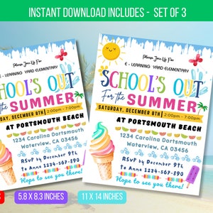 Op de afbeelding: Een set van drie printbare uitnodigingen voor een zomerse school-uit-feest. De uitnodigingen tonen een kleurrijke strandscene met ijshoorns, ijslolly's en een palmboom. De tekst op de uitnodigingen luidt "School is uit voor de zomer" en bevat de datum, tijd en locatie van het feest. De uitnodigingen zijn direct te downloaden en kunnen thuis of bij een lokale drukkerij worden afgedrukt.