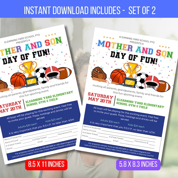 EDITABLE Mother and Son Day of Fun, School Sport Day Event Invite, Family Game Night Fundraiser, PTO PTA Instant Download