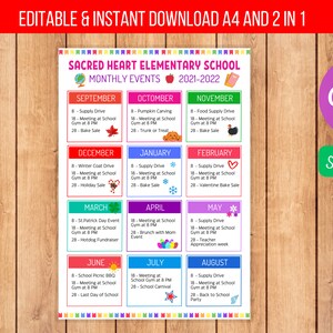 Editable Monthly Event Calendar Flyer Template, Year at a Glance, School Year Fundraiser Event, Volunteer Meeting Agenda