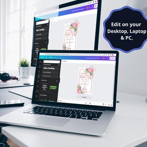 May include: A laptop computer screen displaying a web page with a pink and green floral design for a Mother's Day invitation. The text on the invitation reads "Happy Mother's Day" and "Celebrate Mom." The text "Edit on your Desktop, Laptop & PC" is displayed in a black circle on the right side of the image.