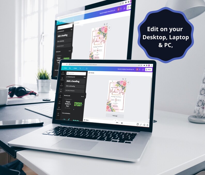 May include: A laptop computer screen displaying a web page with a pink and green floral design for a Mother's Day invitation. The text on the invitation reads "Happy Mother's Day" and "Celebrate Mom." The text "Edit on your Desktop, Laptop & PC" is displayed in a black circle on the right side of the image.