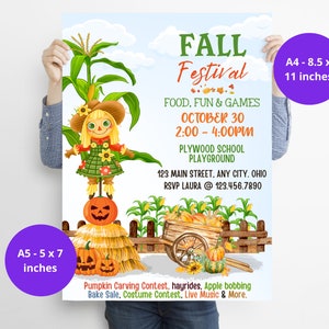 Folleto editable de la cosecha de otoño, folleto digital para la fiesta del huerto de calabazas, fiesta de Halloween de la escuela de la iglesia, evento comunitario del festival de otoño