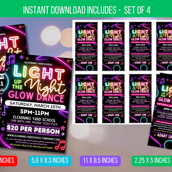 EDITABLE Light Up the Night Glow Dance Invitation Flyer with Invitation Ticket, Neon Glow School Dance Event, PTO PTA Instant Download
