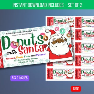EDITIERBARE Donuts mit Santa Ticket, druckbare Santa Donuts Einladung, Kid Holiday Party einladen, Schulgemeinschaft VORLAGE Sofortiger Download