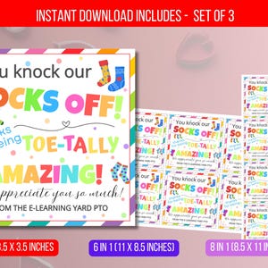 Puede incluir: Un conjunto de tres etiquetas de regalo imprimibles con texto colorido e ilustraciones de calcetines. Las etiquetas dicen "You knock our socks off!" y están disponibles en tres tamaños: 8,9 x 8,9 cm, 6 en 1 (27,9 x 21,6 cm) y 8 en 1 (21,6 x 27,9 cm).