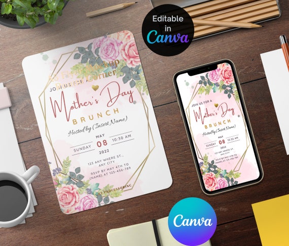 Floral Beautiful MOTHERS DAY, Editable Mother's Day Invitation Template, Floral Mother's Day Card, Mobile Mothers Day Card, Instant DOWNLOAD