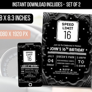 Könnte beinhalten: Schwarz-weißes Design für eine Einladung zum 16. Geburtstag. Das Design enthält eine "Speed Limit 16" Grafik, Veranstaltungsdetails und den Text "John's 16th Birthday". Die Einladung ist 14,7 x 21,1 cm groß.